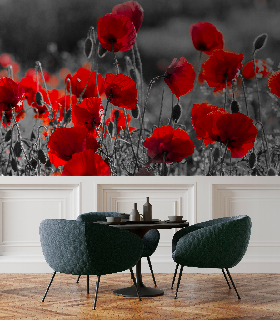 The image features two distinct layers: the upper layer shows vibrant red poppies in a monochrome field, termed the "Poppy Dancing Poppy Wallpaper Mural" by Decor2Go Wallpaper Mural, and the lower layer depicts a modern interior.