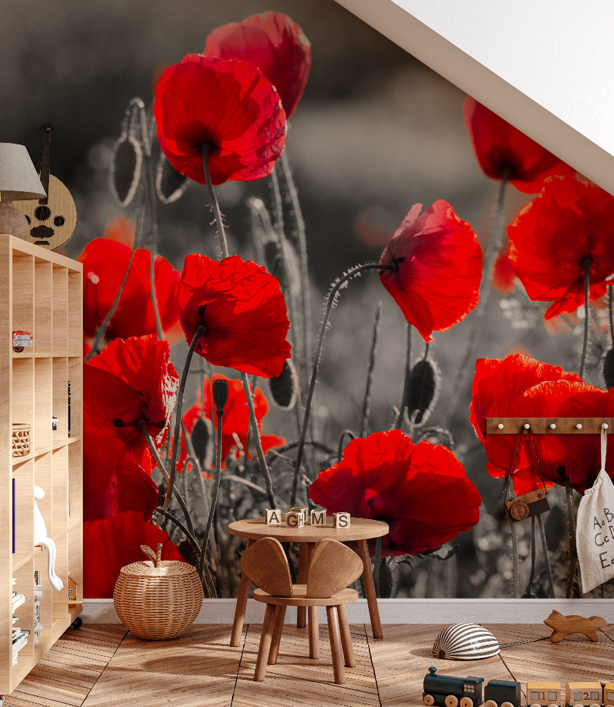 A playroom with a Decor2Go Wallpaper Mural Dancing Poppy Wallpaper Mural on the wall, featuring a small wooden table and chairs with toys scattered around, creating a playful and imaginative environment.