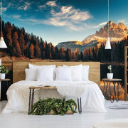 Bedroom - A cozy bedroom featuring a neat bed with white linen and fluffy pillows, flanked by bedside tables and pendant lights, set against a Decor2Go Wallpaper Mural.
