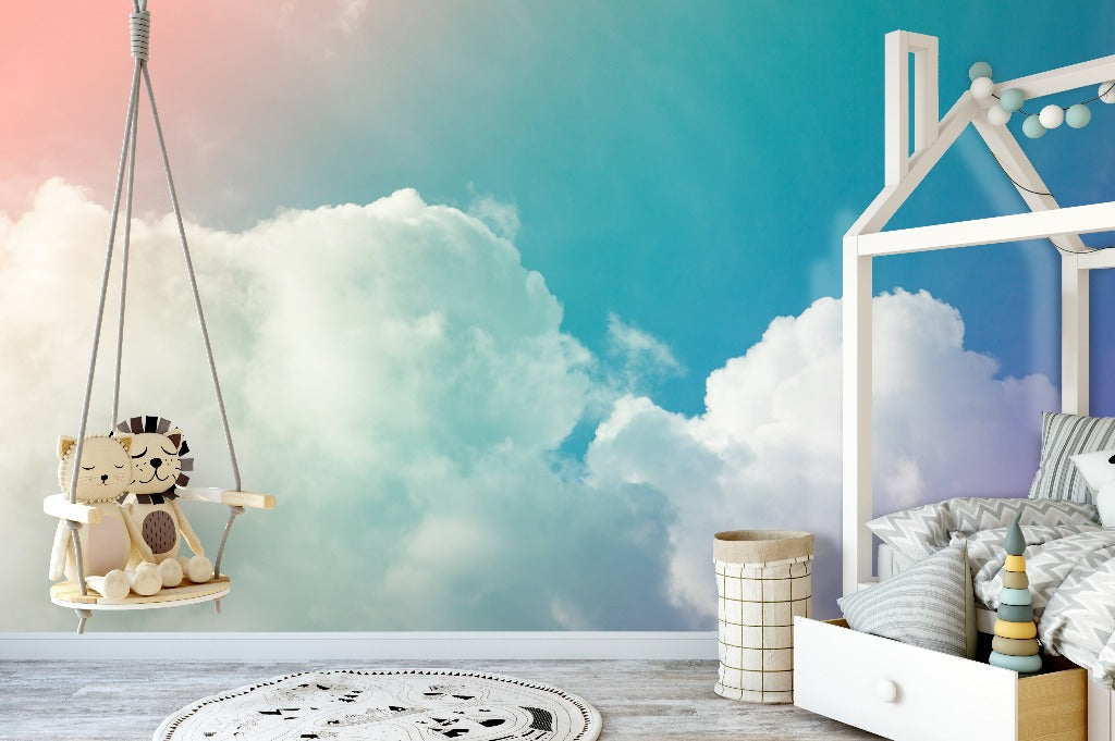 Bedroom - A colorful children's bedroom featuring a Decor2Go Wallpaper Mural, a hanging chair with a plush lion, a white bed with grey bedding, and a round white rug on a wooden floor.