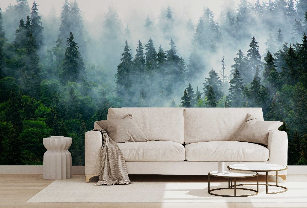 Living Room - A modern living room with a beige sofa, small tables, and a decorative vase, set against a Decor2Go Wallpaper Mural of Reaching Tree Tops.