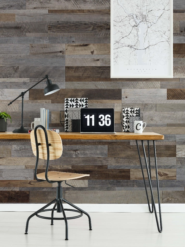 Home Office - A modern home office setup with a minimalist wooden desk, metal chair, and stylish wall map art above. The wall is accented with Decor2Go Wallpaper Mural, adding a rustic touch to the decor.