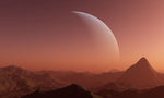 A striking landscape of rocky, mountainous terrain bathed in a reddish hue under a dusky sky. A large crescent-shaped planet rises in the background, with numerous stars dotting the heavens, creating a serene and otherworldly scene ideal for enthusiasts of Decor2Go Wallpaper Mural's Red Planet Wallpaper Mural, seeking vivid imagery.