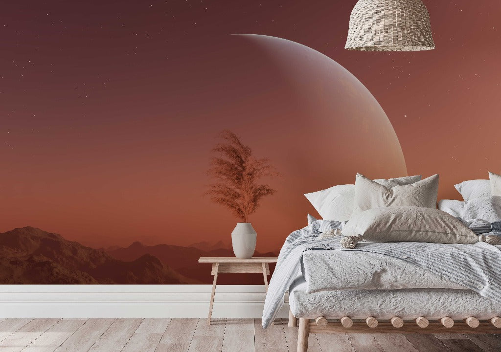 Bedroom - A cozy bedroom interior features a large, plush bed with grey bedding, set against a stunning Decor2Go Wallpaper Mural on the feature wall, showcasing a mountainous landscape under a starry sky.