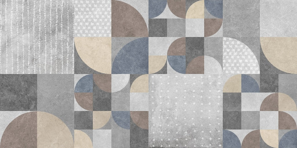 Abstract geometric pattern with overlapping circles and squares in muted shades of gray, blue, and beige, featuring various textures including polka dots and stripes within a Decor2Go Wallpaper Mural design.