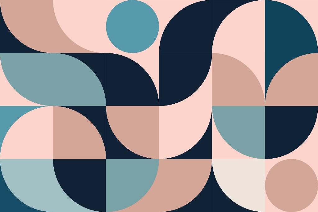 Abstract geometric design with intertwined curves and circles in a soothing palette of pastel pink, blue, and beige, creating a chic aesthetic in a modern art composition featuring the Retro Style 60s Mural Wallpaper from Decor2Go Wallpaper Mural.