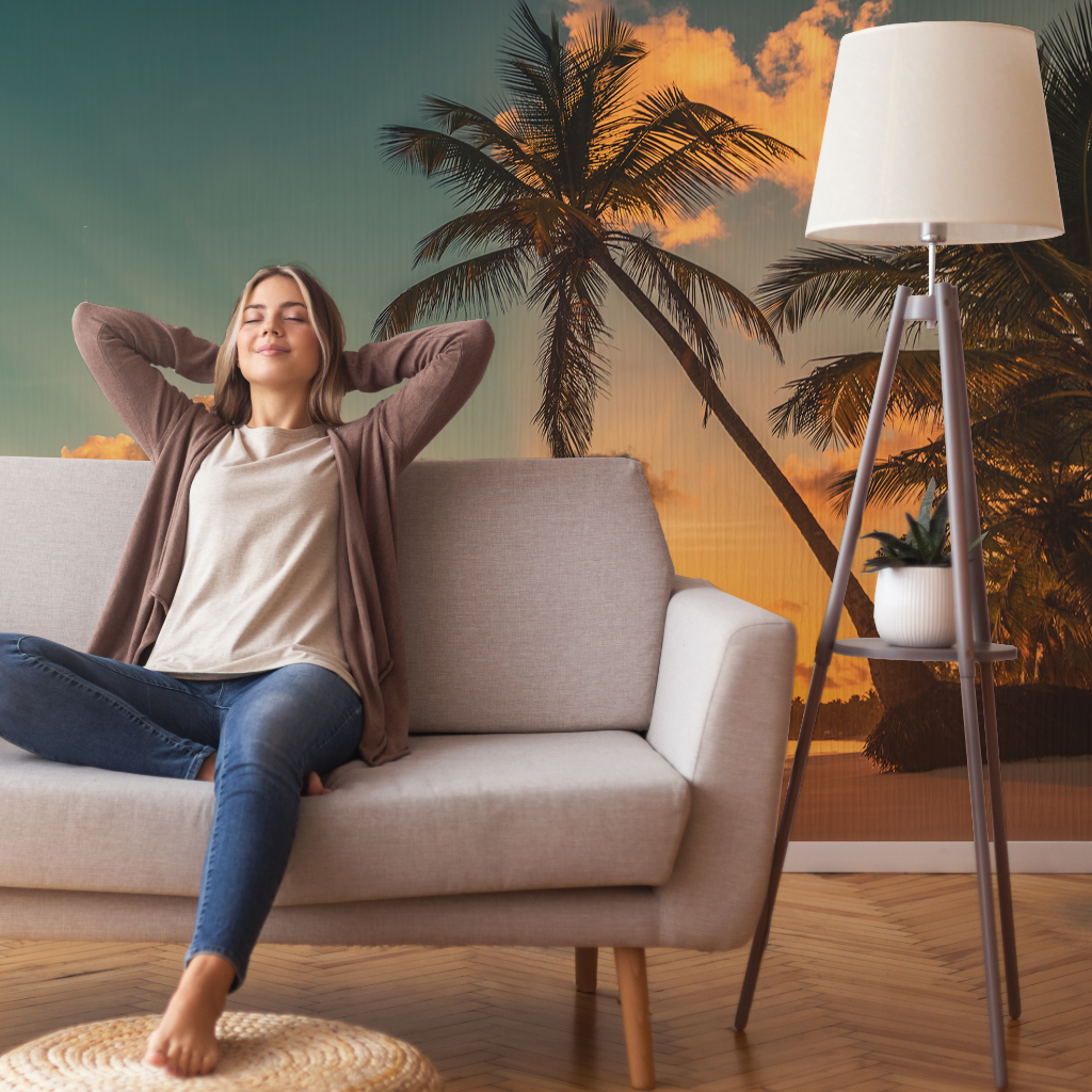 Living Room - Romantic Sunset Wallpaper Mural in the livingroom beach with sunset view