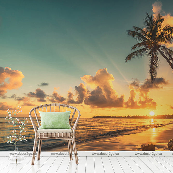 Romantic Sunset Wallpaper Mural in the entry room beach with sunset view 