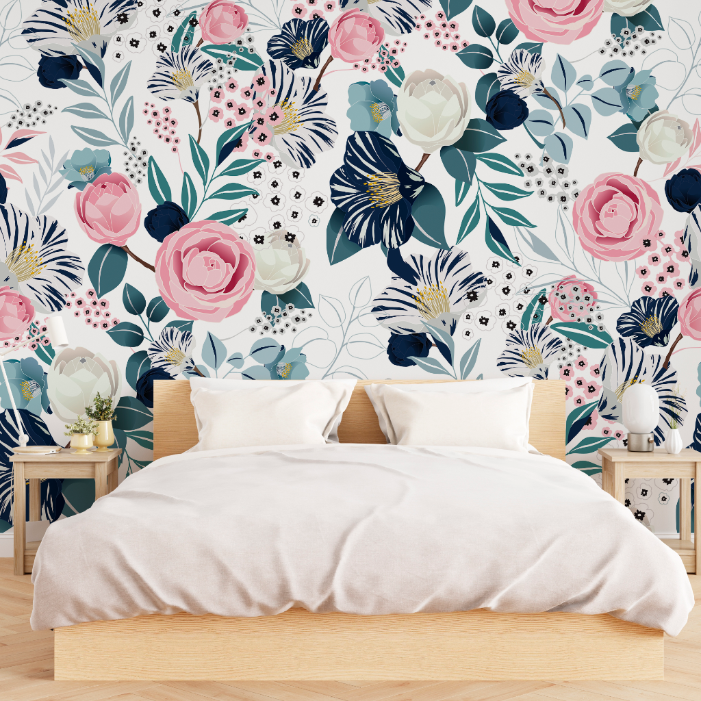 A modern bedroom with a large bed covered in white bedding and flanked by wooden nightstands, set against Decor2Go Air Balloon Whale Wallpaper Mural.