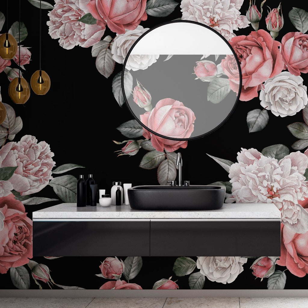 Bathroom - Roses and Peonies Over Black Wallpaper Mural in the bathroom