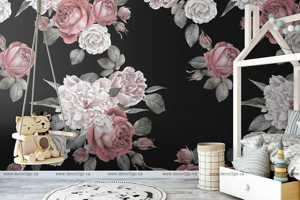 Roses and Peonies Over Black Wallpaper Mural in the kids room