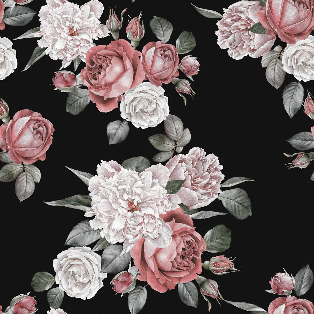 Roses and Peonies Over Black Wallpaper Mural
