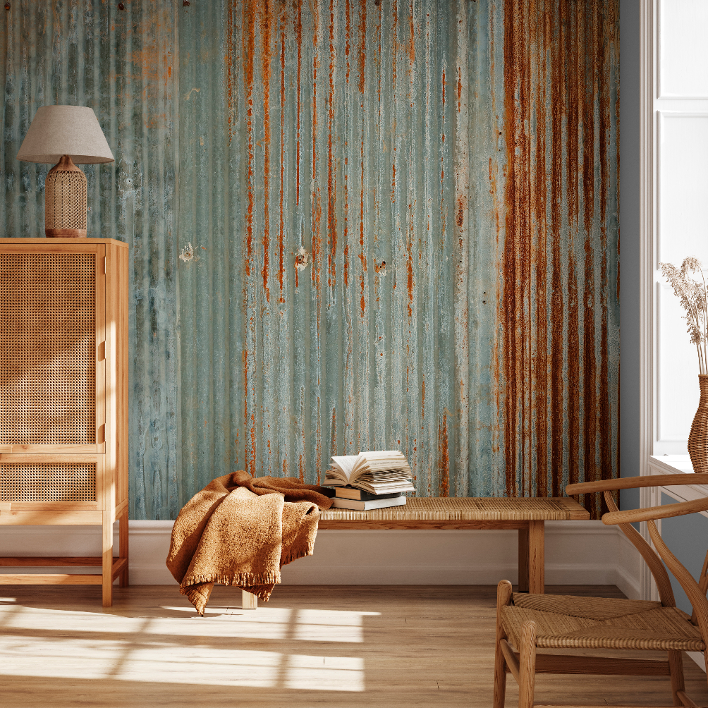 A contemporary room with rustic industrial charm, showcasing wooden furniture, Decor2Go Rusted Sheet Metal Wallpaper Mural, and warm sunlight filtering through a window, casting shadows on the floor.