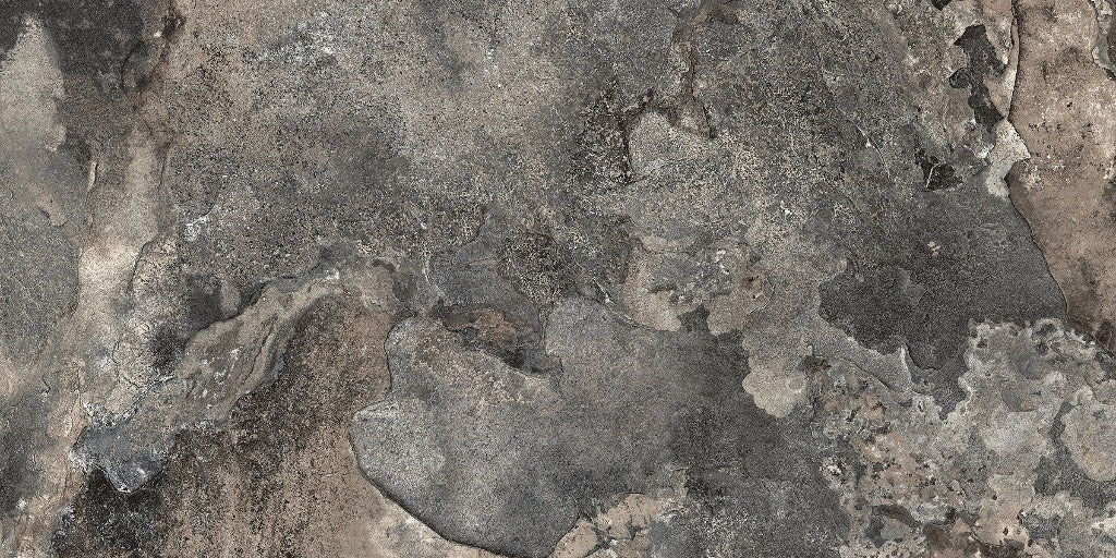 Aerial view of a rugged terrain with varied patterns and textures, featuring shades of gray and brown, resembling a desolate, cracked landscape that evokes a Decor2Go Wallpaper Mural Rustic Cement theme.