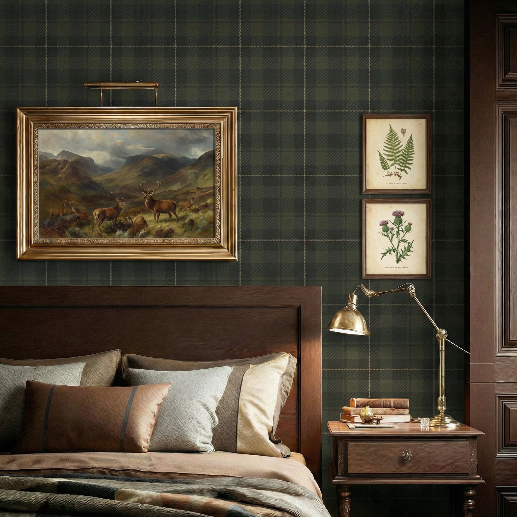 Bedroom - Decorative bedroom with plaid wallpaper, framed artwork, and a wooden nightstand.