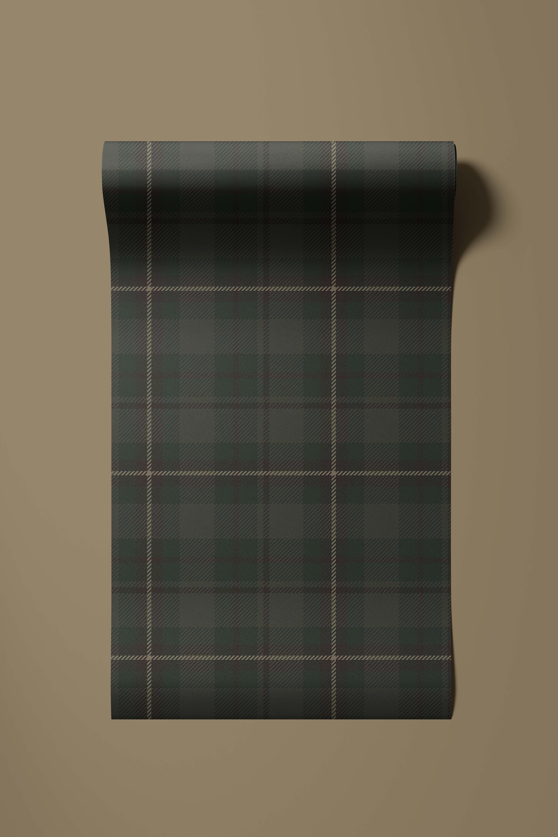 Roll of black and gray plaid fabric on a beige background