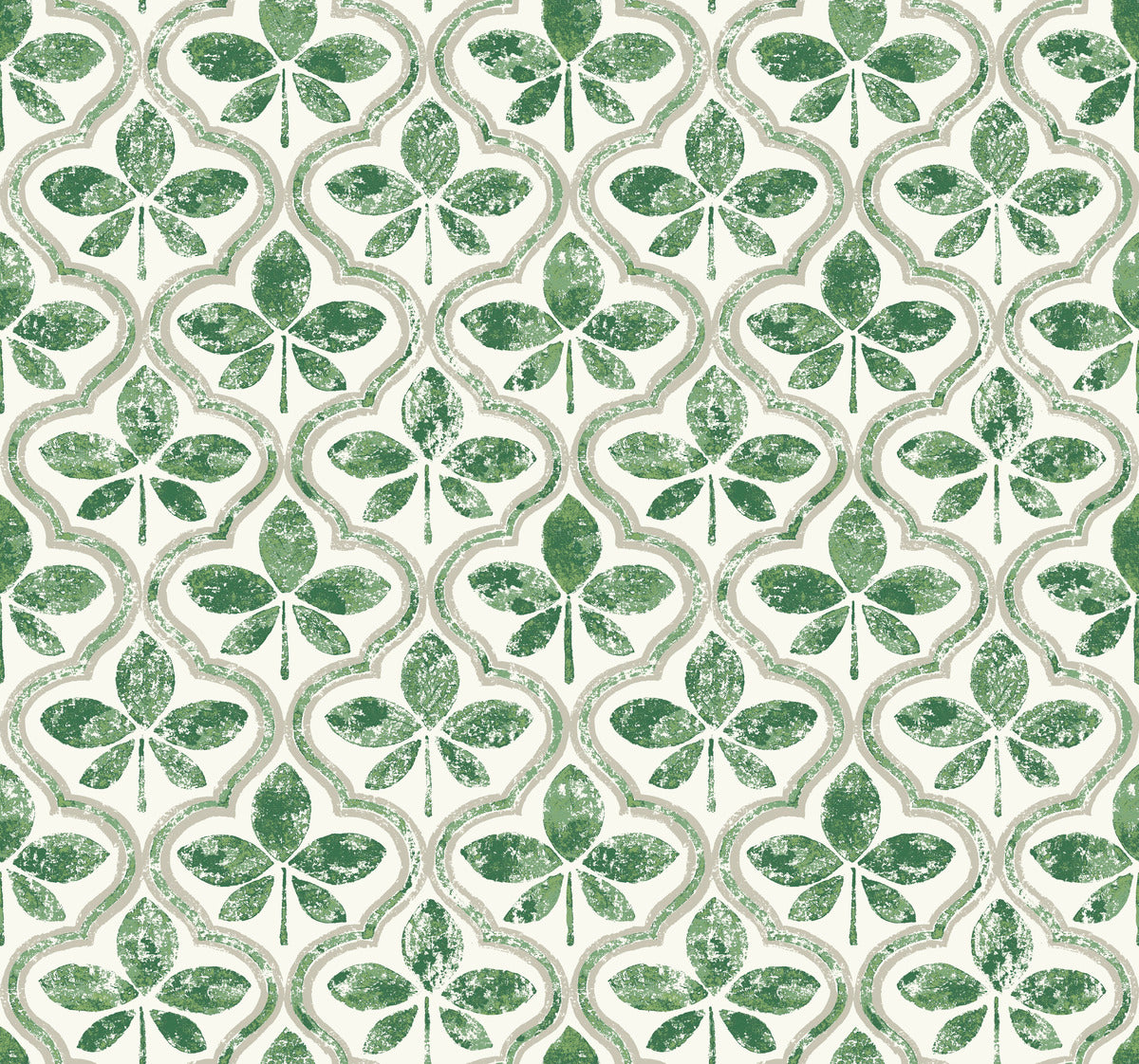 A seamless pattern featuring stylized green leaf clovers arranged in a symmetrical layout. The clovers are textured, giving a slightly distressed look, and are set against an off-white background with light green and beige accents forming a wave-like border around them. This Sevilla Ochre Wallpaper Yellow (60 Sq.Ft.) is perfect for York Wallcoverings using SureStripª technology.