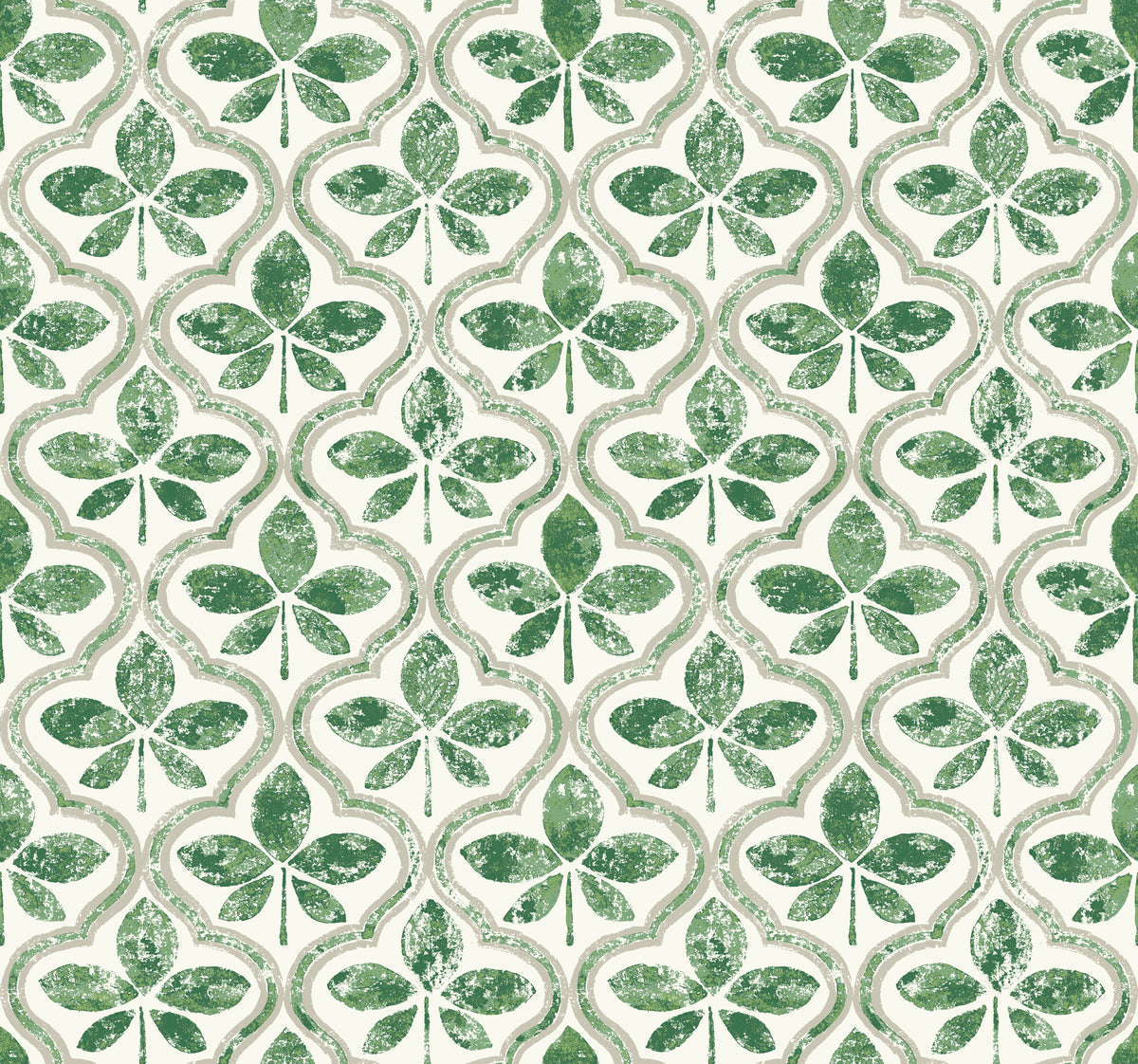 Seamless pattern featuring green shamrocks with a distressed texture on a white background. The shamrocks are arranged in a repetitive, interlocked design, creating a vintage, kaleidoscopic effect. Experience the Geometric Elegance of this York Wallcoverings Sevilla Onyx Wallpaper Black, Brown (60 Sq.Ft.) for a sophisticated touch.