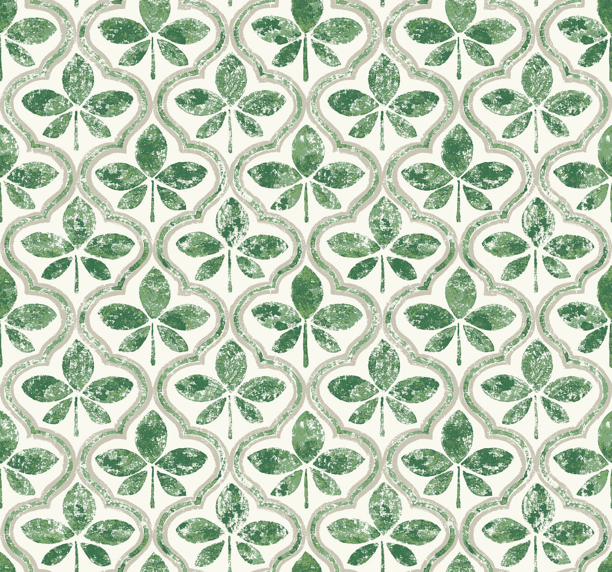 A seamless pattern composed of green, four-leaf clovers arranged in a symmetrical design against a beige and white background. The clovers are outlined with a white border, giving them a hand-painted look. This Sevilla River Rock Wallpaper Grey (60 Sq.Ft.) repeats uniformly across the entire York Wallcoverings SureStrip Substrate for easy application.