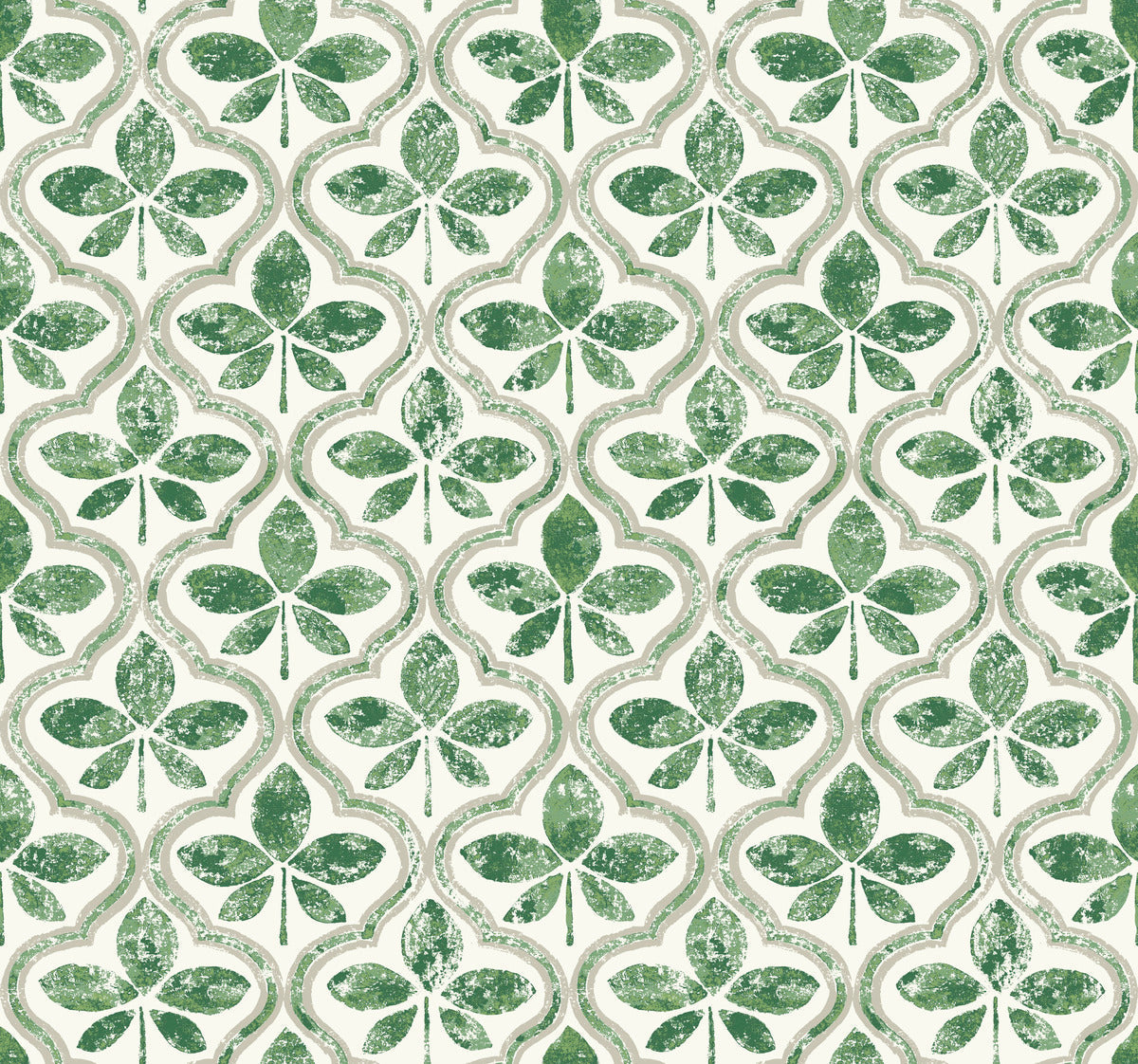 A seamless pattern featuring green clover-like shapes with a rustic, textured appearance. The clovers are arranged in rows, each enclosed in a faint beige outline, creating a repeating, harmonious design on a light background. This geometric elegance epitomizes the Sevilla Cobalt Wallpaper Blue (60 Sq.Ft.) by York Wallcoverings.