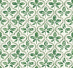 A seamless pattern featuring green clover-like shapes with a rustic, textured appearance. The clovers are arranged in rows, each enclosed in a faint beige outline, creating a repeating, harmonious design on a light background. This geometric elegance epitomizes the Sevilla Cobalt Wallpaper Blue (60 Sq.Ft.) by York Wallcoverings.