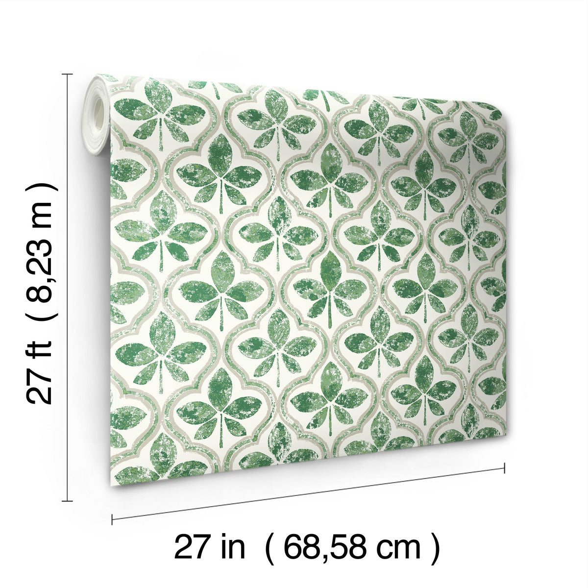 A roll of York Wallcoverings Sevilla Ochre Wallpaper Yellow (60 Sq.Ft.) with a green and white pattern featuring quatrefoils and fleur-de-lis shapes. The wallpaper, made with SureStrip™ technology, is shown partially unrolled, revealing its geometric elegance. Dimensions are 27 ft (8.23 m) in length and 27 in (68.58 cm) in width.