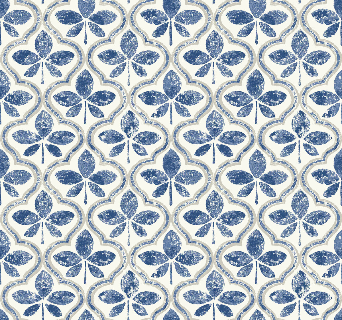 Repeating pattern with blue, stylized floral motifs set against a beige and white background. The distressed texture of the designs lends a vintage, ornamental look, while the symmetrical, tiled effect exudes geometric elegance. Ideal as York Wallcoverings Sevilla Ochre Wallpaper Yellow (60 Sq.Ft.) with SureStripª technology.