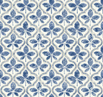 Repeating pattern with blue, stylized floral motifs set against a beige and white background. The distressed texture of the designs lends a vintage, ornamental look, while the symmetrical, tiled effect exudes geometric elegance. Ideal as York Wallcoverings Sevilla Ochre Wallpaper Yellow (60 Sq.Ft.) with SureStripª technology.