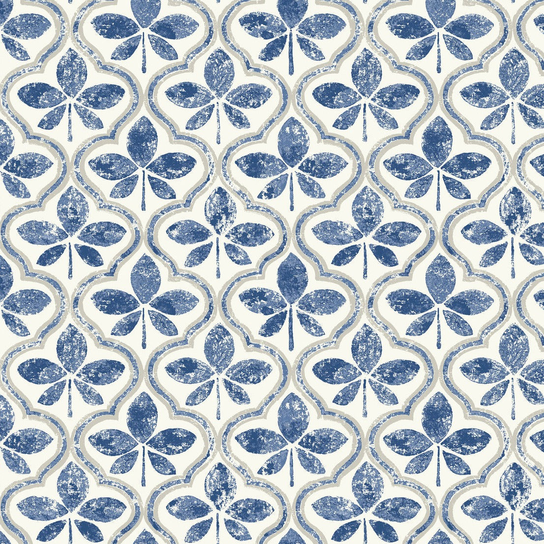 A seamless pattern with a vintage look featuring blue, symmetrical, four-leaf motifs. Each leaf set is encased within a beige and white ornate, curved diamond shape, creating an intricate, repeating design perfect for Sevilla Cobalt Wallpaper Blue (60 Sq.Ft.) by York Wallcoverings that exudes geometric elegance.