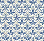 A seamless floral pattern with stylized blue flowers on an off-white background. The flowers have a symmetrical design with four rounded petals each, arranged in a repeating grid format, evoking geometric elegance and creating a vintage, textured appearance perfect for Sevilla Clover Wallpaper Green (60 Sq.Ft.) by York Wallcoverings.