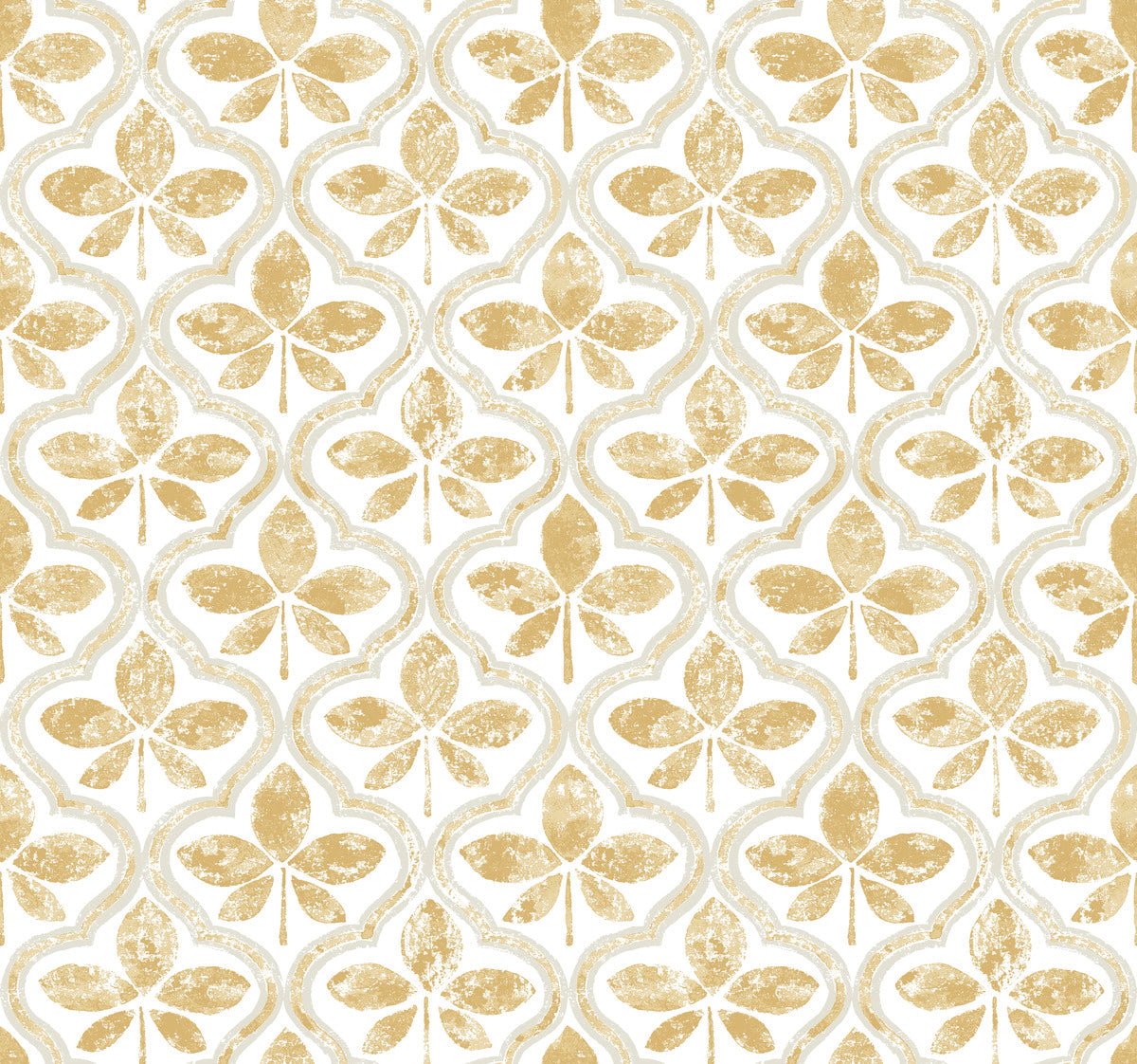 A seamless pattern featuring a stylized, repeated clover design in shades of muted gold and white. The clovers are arranged in vertical rows, creating a symmetrical and rhythmic visual effect. The background is white, highlighting the clover motifs. Perfect for York Wallcoverings Sevilla Ochre Wallpaper Yellow (60 Sq.Ft.) with Geometric Elegance.