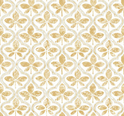 A seamless pattern featuring a stylized, repeated clover design in shades of muted gold and white. The clovers are arranged in vertical rows, creating a symmetrical and rhythmic visual effect. The background is white, highlighting the clover motifs. Perfect for York Wallcoverings Sevilla Ochre Wallpaper Yellow (60 Sq.Ft.) with Geometric Elegance.