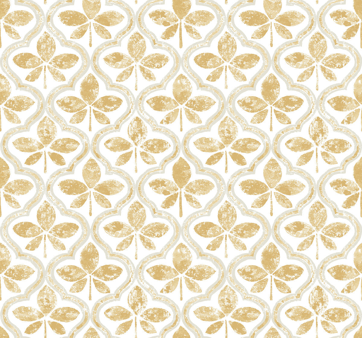 A seamless pattern with stylized, distressed gold floral motifs, each resembling a four-leaf clover, arranged in a diamond grid on a white background. This Sevilla Cobalt Wallpaper Blue (60 Sq.Ft.) by York Wallcoverings design exudes geometric elegance with a vintage, rustic feel and subtly textured motifs.