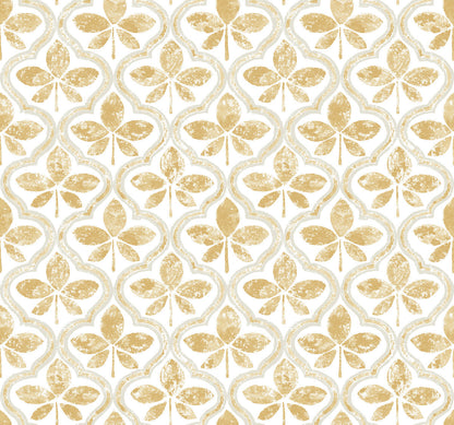 A seamless pattern with stylized, distressed gold floral motifs, each resembling a four-leaf clover, arranged in a diamond grid on a white background. This Sevilla Cobalt Wallpaper Blue (60 Sq.Ft.) by York Wallcoverings design exudes geometric elegance with a vintage, rustic feel and subtly textured motifs.