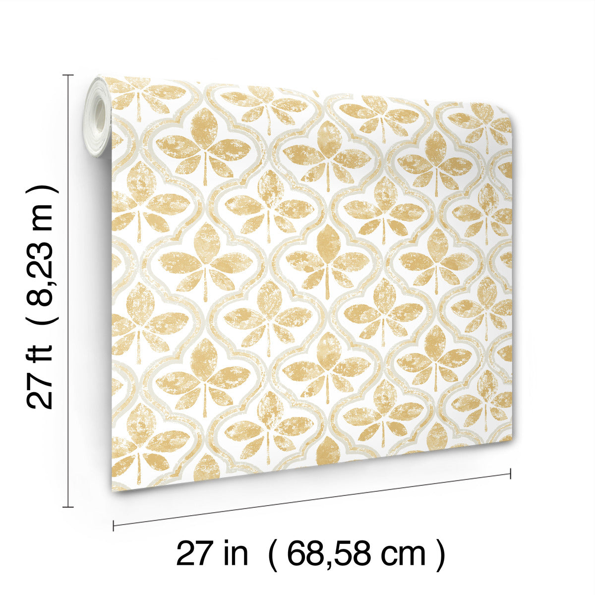 Introducing the York Wallcoverings Sevilla Ochre Wallpaper Yellow (60 Sq.Ft.), featuring geometric elegance with a repeating pattern of stylized, gold-colored butterflies on a white background. The dimensions are displayed beside the roll: 27 feet (8.23 meters) long and 27 inches (68.58 cm) wide, using SureStripª technology for easy application and removal.