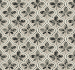 A repeating pattern featuring dark green and beige clover shapes arranged in a lattice framework. Each clover appears within a beige, fleur-de-lis-like outline on a light textured background, creating a vintage, ornate design that embodies Geometric Elegance perfect for Sevilla Onyx Wallpaper Black, Brown (60 Sq.Ft.) by York Wallcoverings.