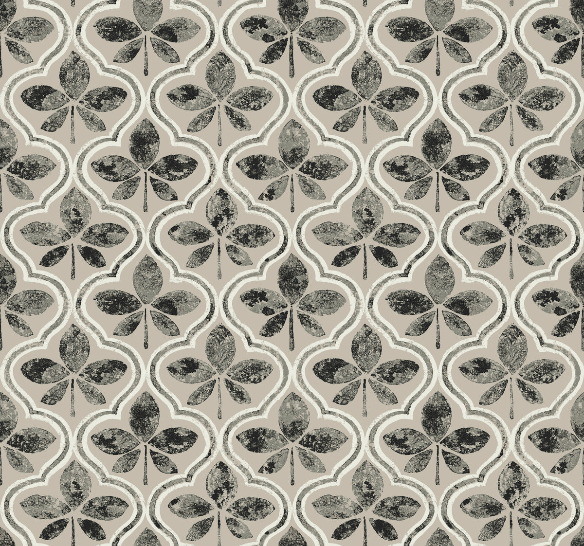 A seamless pattern featuring a repeating motif of clover-like shapes in grayscale tones. The design, available as **Sevilla Cobalt Wallpaper Blue (60 Sq.Ft.) with SureStrip technology by York Wallcoverings**, showcases a series of interlocking forms with a vintage, textured appearance, creating geometric elegance against the light beige background.