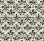 A seamless pattern featuring a repeating motif of clover-like shapes in grayscale tones. The design, available as **Sevilla Cobalt Wallpaper Blue (60 Sq.Ft.) with SureStrip technology by York Wallcoverings**, showcases a series of interlocking forms with a vintage, textured appearance, creating geometric elegance against the light beige background.