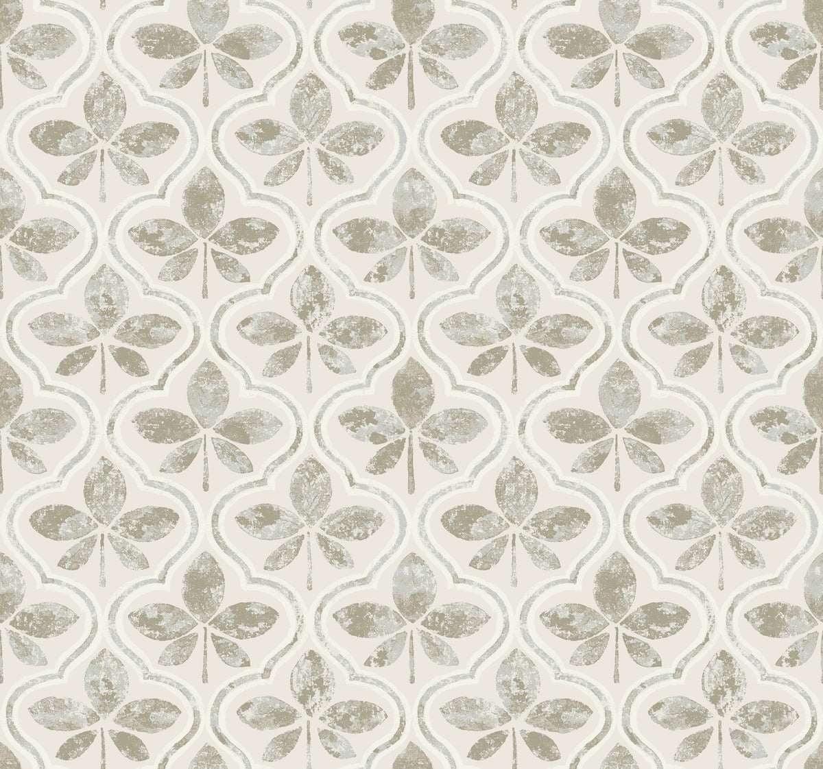 A seamless pattern with a vintage feel, featuring light tan and white clover-like motifs on a soft, off-white background with subtle texture. The repeating design of this York Wallcoverings Sevilla Ochre Wallpaper Yellow (60 Sq.Ft.) creates a symmetrical, elegant arrangement throughout the image.