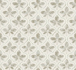 A seamless pattern with a vintage feel, featuring light tan and white clover-like motifs on a soft, off-white background with subtle texture. The repeating design of this York Wallcoverings Sevilla Ochre Wallpaper Yellow (60 Sq.Ft.) creates a symmetrical, elegant arrangement throughout the image.