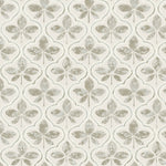 A repetitive floral pattern with beige and light brown four-petal flowers on a light gray background, separated by curving lines forming teardrop shapes around each flower. The design of the York Wallcoverings Sevilla River Rock Wallpaper Grey (60 Sq.Ft.), made with SureStrip Substrate, has a slightly distressed, vintage look that evokes geometric elegance.