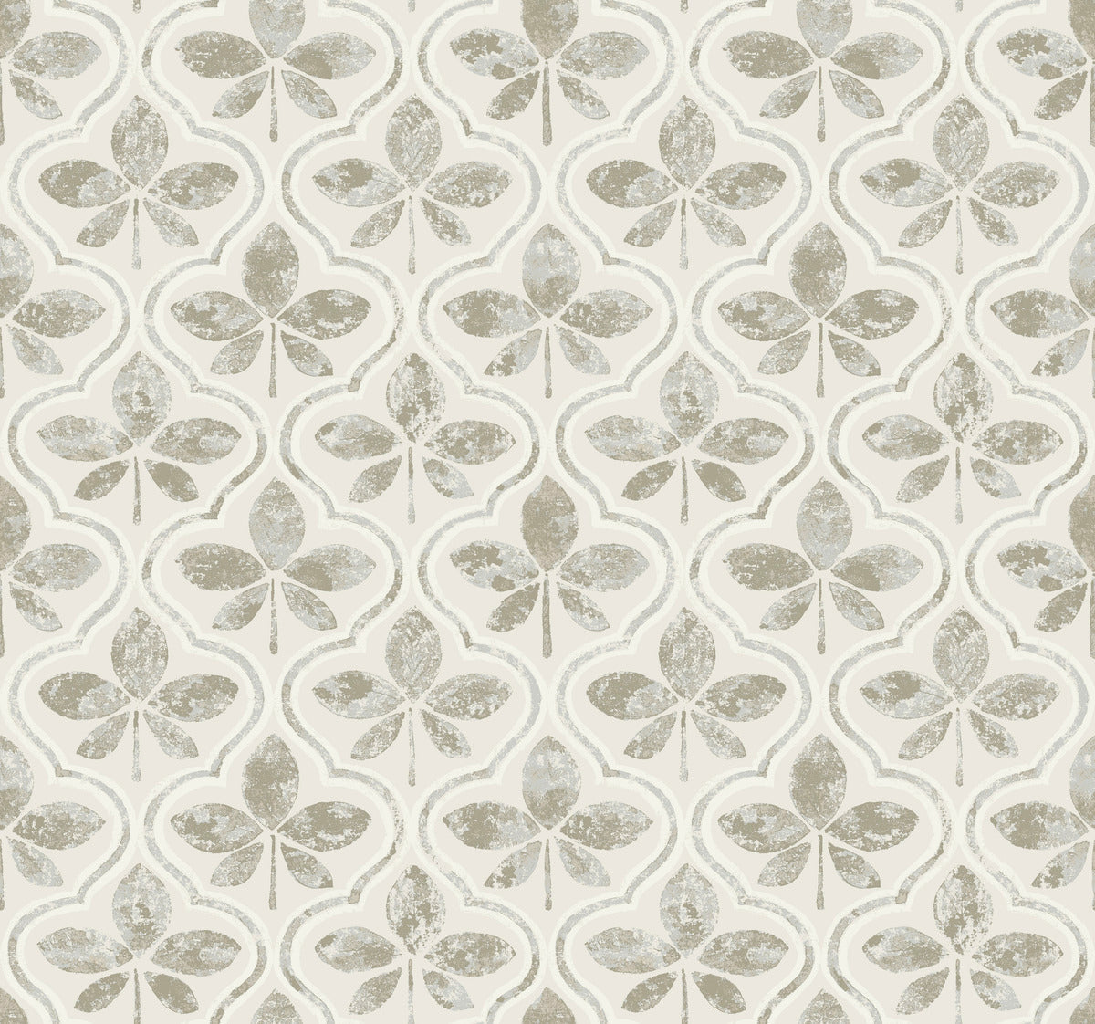 A repetitive pattern of stylized fleur-de-lis-like shapes in shades of beige and light grey on a white background. The Sevilla Onyx Wallpaper Black, Brown (60 Sq.Ft.) by York Wallcoverings design has a vintage, distressed appearance, adding a textured look to the geometric elegance of the pattern.