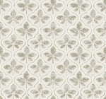 A seamless pattern featuring stylized, symmetrical floral motifs with four petals in muted tones of beige and gray, arranged in a repeating grid. The off-white background enhances the geometric elegance and vintage feel, perfect for Sevilla Cobalt Wallpaper Blue (60 Sq.Ft.) by York Wallcoverings.