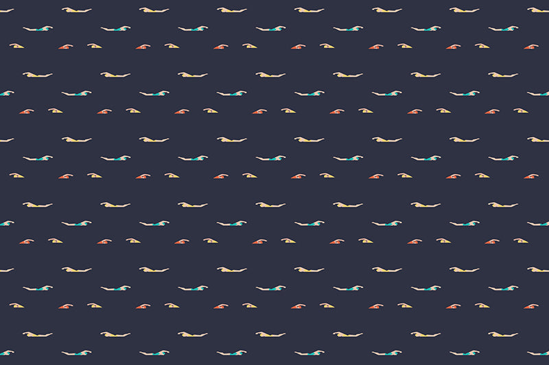 A dark navy blue background with a repeating pattern of small, colorful birds in light blue, pink, and yellow, each flying in different directions. This retro design evokes vintage décor, reminiscent of a Sixties Swimmers Wallpaper Mural by Decor2Go Wallpaper Mural.
