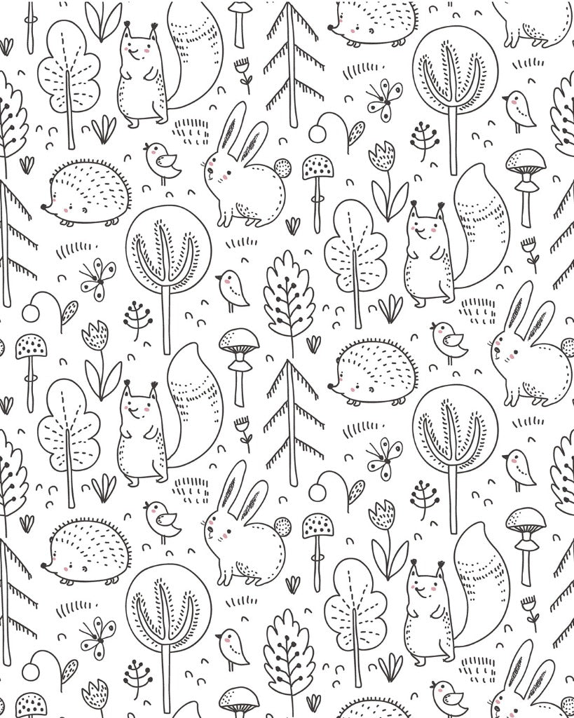 A whimsical black and white illustration featuring an array of forest animals, including hedgehogs and rabbits, surrounded by trees, plants, and mushrooms in a dense Sketchbook Garden Wallpaper Mural pattern by Decor2Go Wallpaper Mural.
