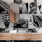 Bathroom - Collage of black and white images featuring close-up shots of Slash Strum bass guitars and bathroom utilities juxtaposed with wooden texture patterns by Decor2Go Wallpaper Mural.