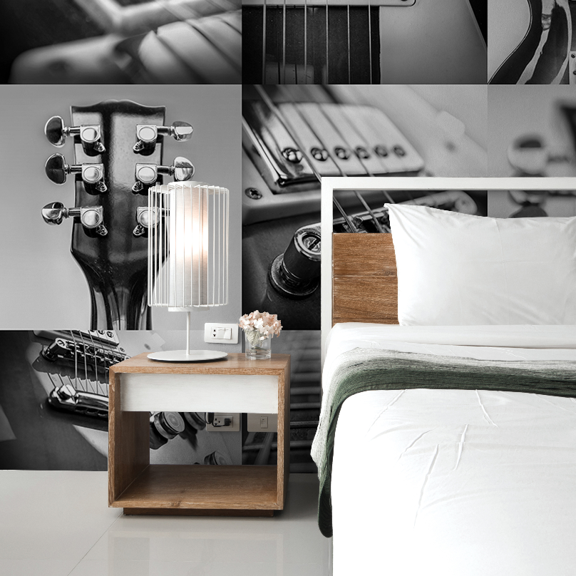 A collage featuring four grayscale images: close-ups of a Slash Strum Wallpaper Mural headstock, camera parts, a neatly made bed with white pillows, and a vintage typewriter by Decor2Go Wallpaper Mural.