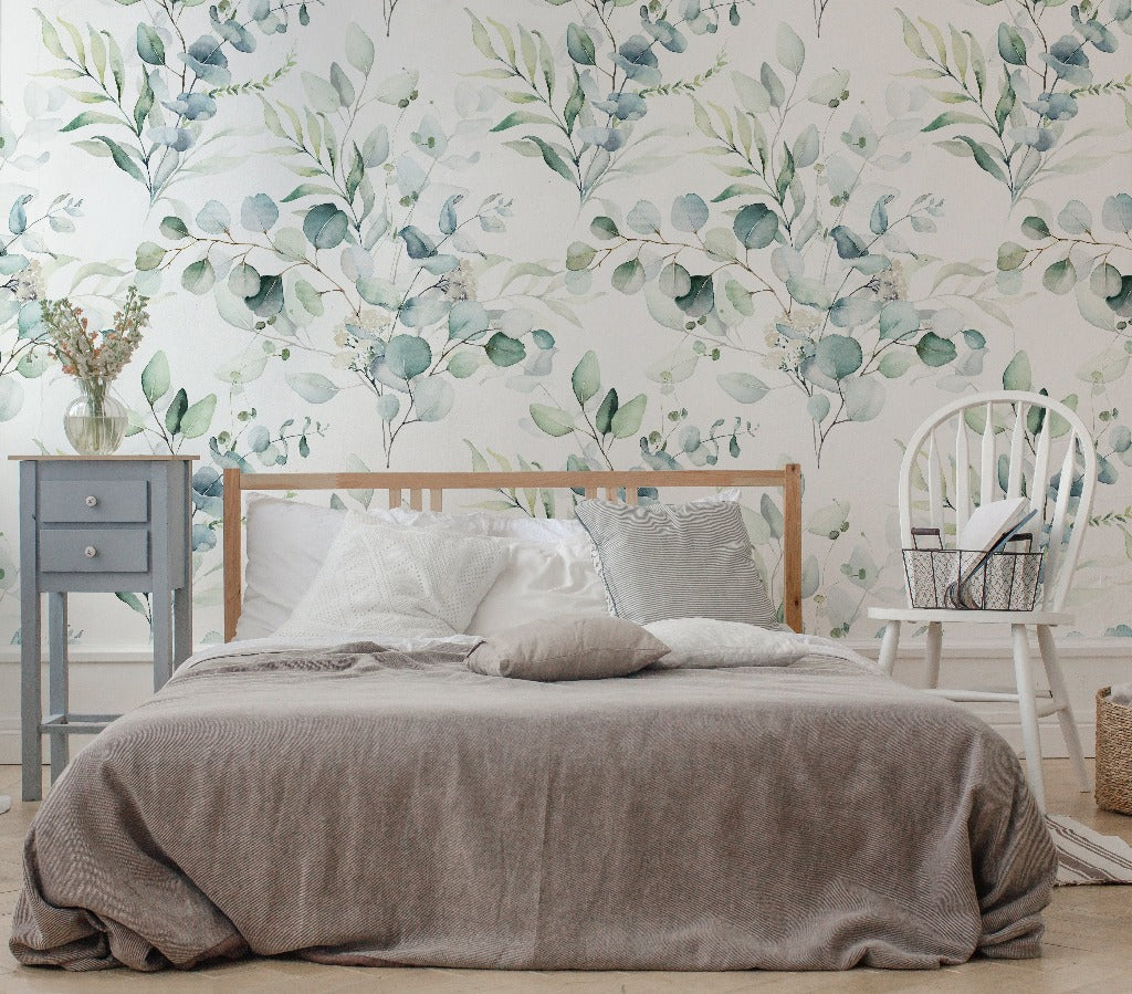 Small Green Vessels Wallpaper Mural in the room flowers and leaves blue and geen