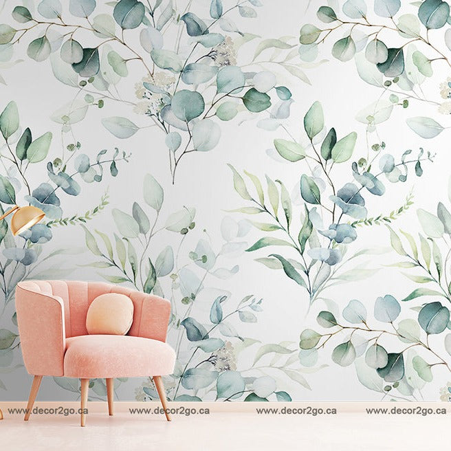 Small Green Vessels Wallpaper Mural in the entry room flowers and leaves blue and geen