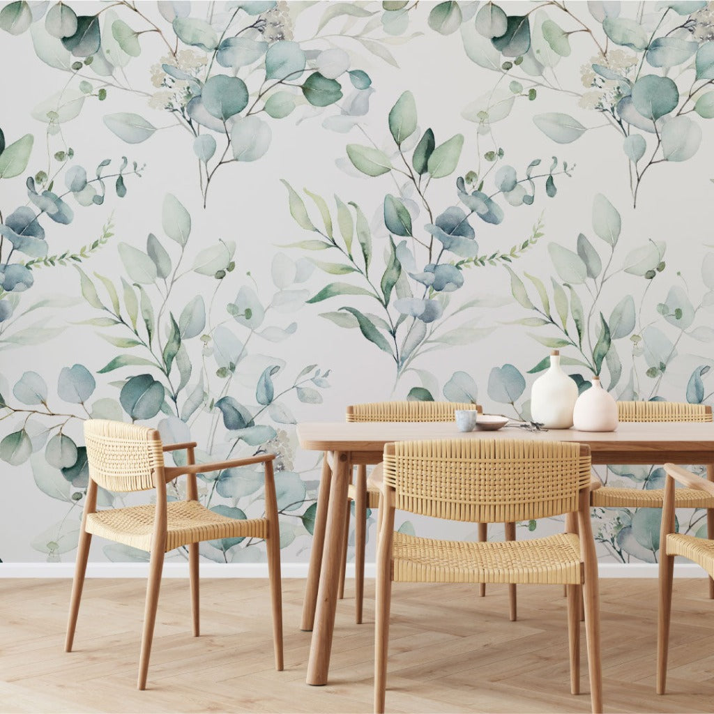 Small Green Vessels Wallpaper Mural in the dining room flowers and leaves blue and geen